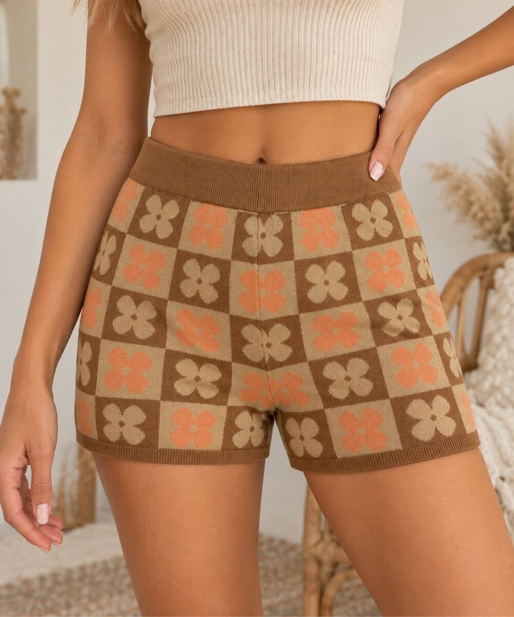 Altar’d State XS Floral Knit Shorts Brown Orange Retro 70s Boho